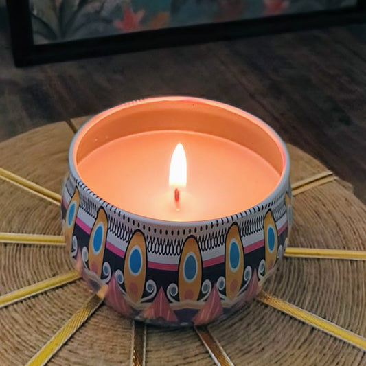 Natural soy wax candle in a decorative mandala tin jar with lid beside it, placed on a rustic mat, Soy wax candle, Vegan Candle, Nita Kreations, Home Decor, Premium Candles, Festive Season, Good quality Candles, Miniso Candles, Scented Candles, Vanilla Scented Candles, Aesthetic Home Decor, Aesthetic Candle
