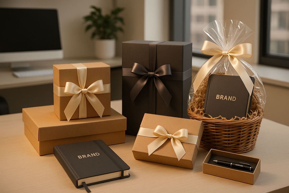 Corporate gift boxes with elegant ribbons and branded notebooks and pen on office desk
