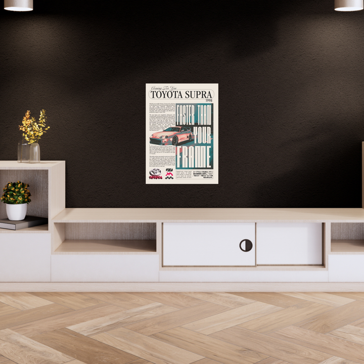 Poster styled like a vintage magazine featuring a 1998 Toyota Supra, bold headline “Faster Than Your Frame,” and performance specs. JDM Poster, Supra Poster, Room decor, Car poster, home decor, wallpaper, Aesthetic poster, 