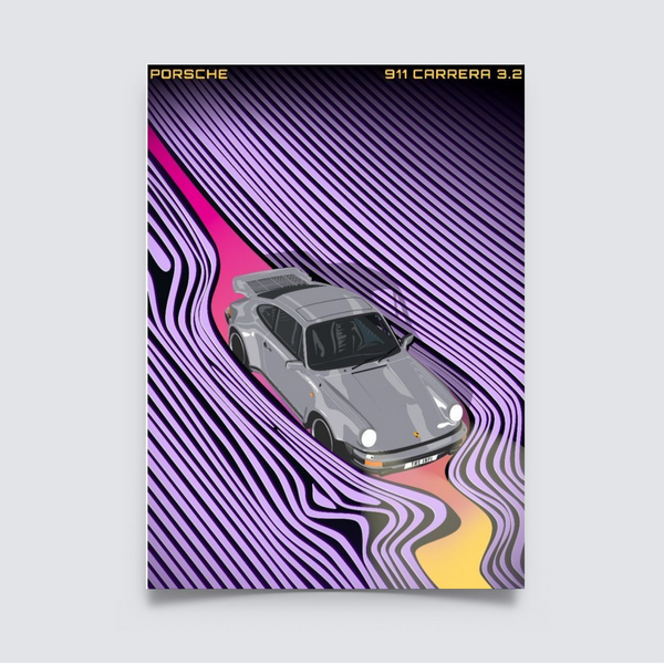 Poster of a gray Porsche 911 Carrera 3.2 driving through a surreal retro wave pattern in purple, pink, and yellow with bold, futuristic lines.