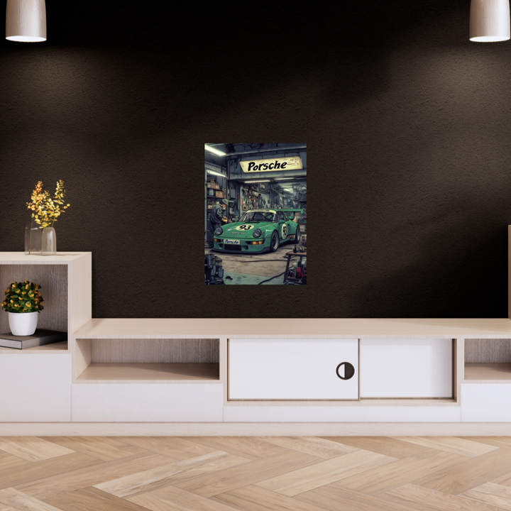 Poster of a vintage mint-green Porsche 911 race car in a garage with a retro “Porsche” sign overhead and mechanic working beside the car. Room Decor, Home Decor, Poster, Aesthetic Poster, Minimalist decor, Car Poster, Porsche 911