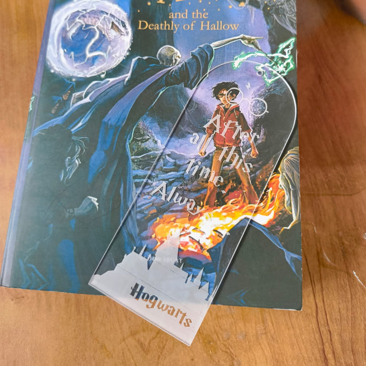 Aesthetic Bookmark, Bookmarks, Books, Harry Potter, Harry potter books, Gift for book lover, Clear acrylic bookmark with white tassel featuring Harry Potter quote “After all this time? Always...” and Hogwarts castle silhouette.