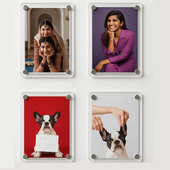 Clear acrylic fridge magnet with two acrylic sheets holding a replaceable photo.