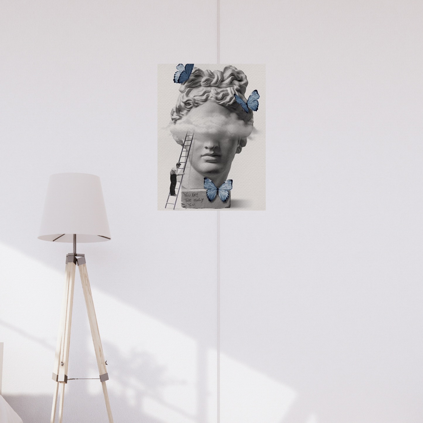 Poster showing a surreal Greek bust with clouds obscuring the eyes, blue butterflies around, and a handwritten message “You are the only you” at the base. Aesthetic Poster, Greek style poster, Hostel dorm decor ideas,Room decor, Home decor ideas, posters, Poster.