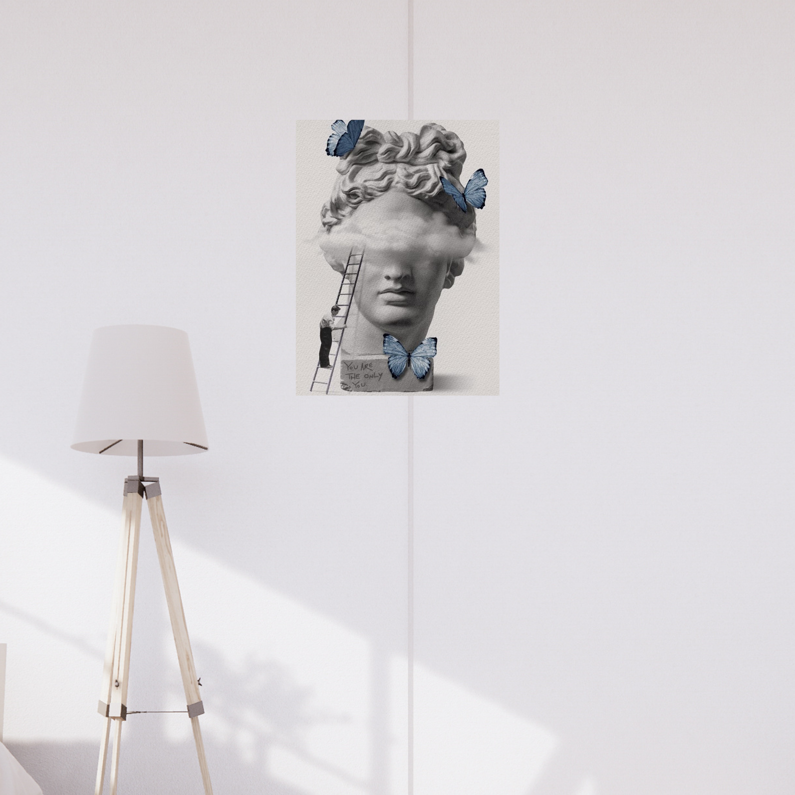 Poster showing a surreal Greek bust with clouds obscuring the eyes, blue butterflies around, and a handwritten message “You are the only you” at the base. Aesthetic Poster, Greek style poster, Hostel dorm decor ideas,Room decor, Home decor ideas, posters, Poster.