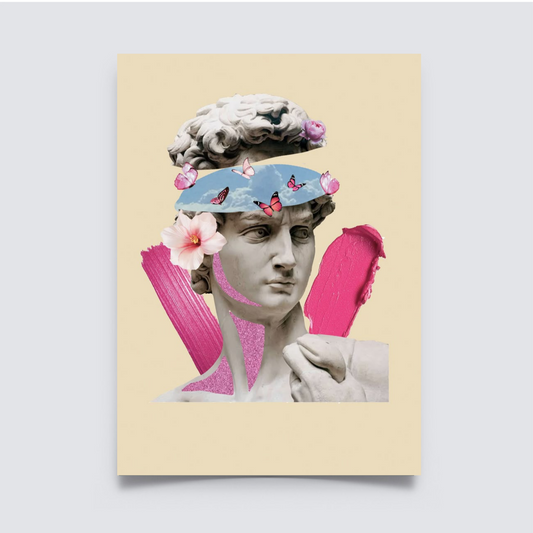 Poster featuring Michelangelo’s David with surreal blue sky eyes, butterflies, flowers, and bold pink paint accents on a beige background. aesthetic Poster, home decor, room decor, dorm decor ideas, pink poster, Greek style poster