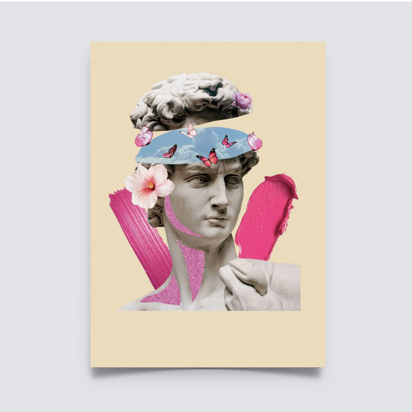 Poster featuring Michelangelo’s David with surreal blue sky eyes, butterflies, flowers, and bold pink paint accents on a beige background. aesthetic Poster, home decor, room decor, dorm decor ideas, pink poster, Greek style poster
