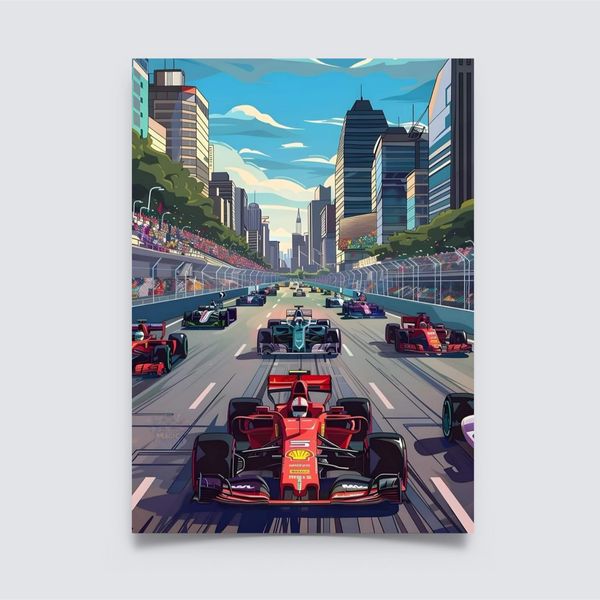 Formula 1 street race poster with a city backdrop and vibrant race car grid. Printed on thick matte A4 paper. Frame not included. F1 Poster, room Decor, home decor, aesthetic decor, Aesthetic Poster, Formula 1 Poster, Poseterized, Stickerly, wallpaper