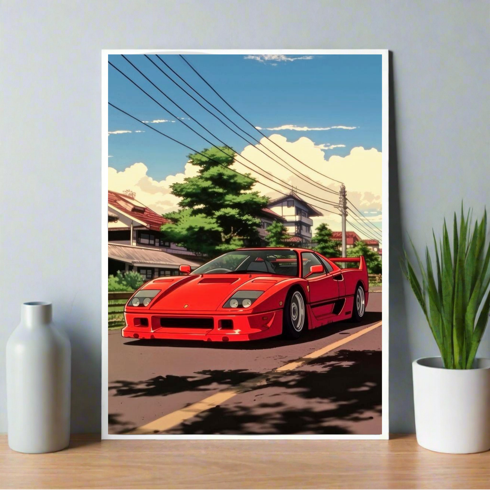 Anime-style poster of a red Ferrari driving on a quiet street in Japan under a blue sky. Ferrari Poster, car Poster, car guy Poster, Fan poster, room decor, home decor, Aesthetic Poster, Minimallist Poster, wall paper