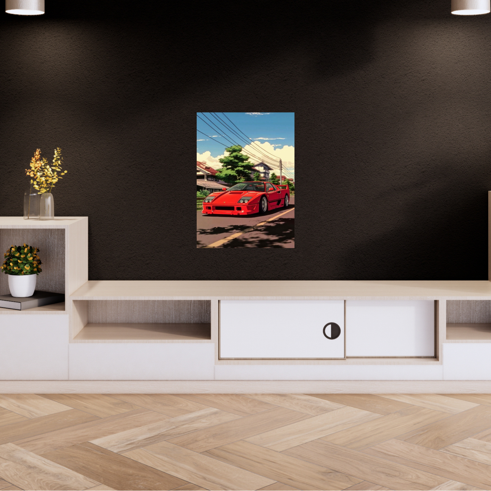 Anime-style poster of a red Ferrari driving on a quiet street in Japan under a blue sky. Ferrari Poster, car Poster, car guy Poster, Fan poster, room decor, home decor, Aesthetic Poster, Minimalist Poster, wallpaper
