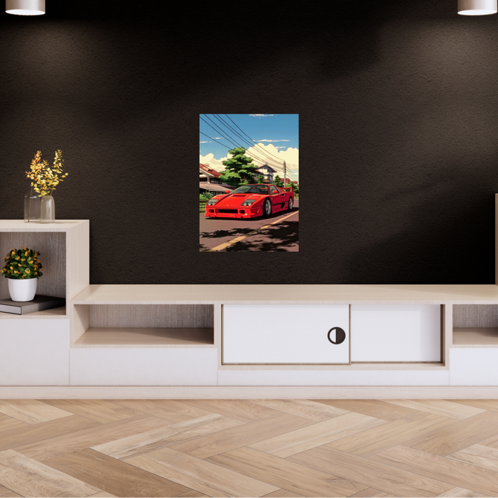Anime-style poster of a red Ferrari driving on a quiet street in Japan under a blue sky. Ferrari Poster, car Poster, car guy Poster, Fan poster, room decor, home decor, Aesthetic Poster, Minimalist Poster, wallpaper