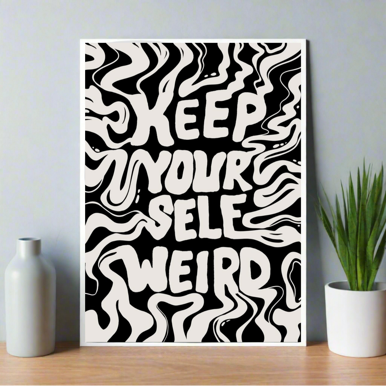 Poster with bold wavy lettering that reads “Keep Yourself Weird” in black and cream psychedelic style. aesthetic Poster, Room decor, home decor, room decor ideas, Posters, 