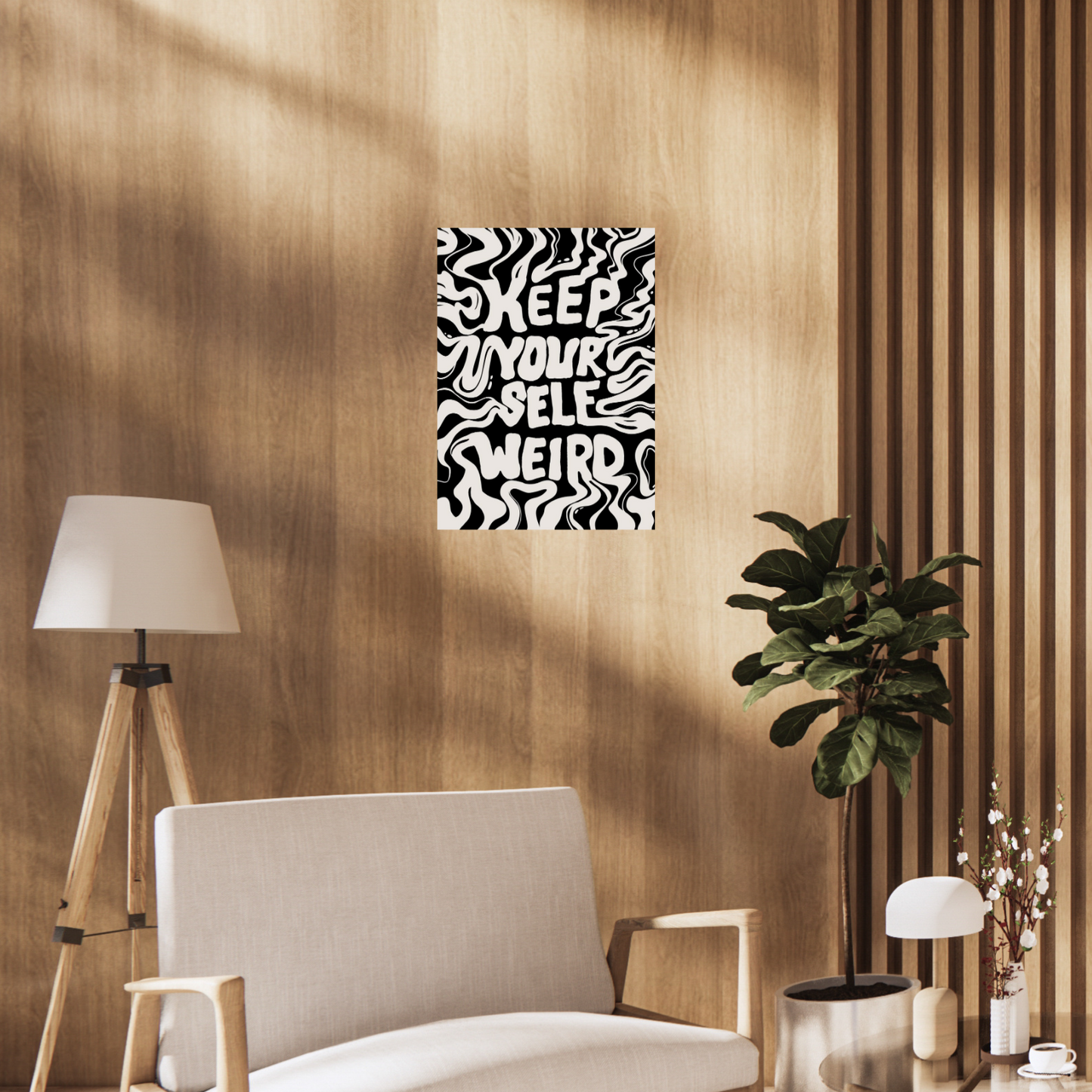 Poster with bold wavy lettering that reads “Keep Yourself Weird” in black and cream psychedelic style. aesthetic Poster, Room decor, home decor, room decor ideas, Posters, 
