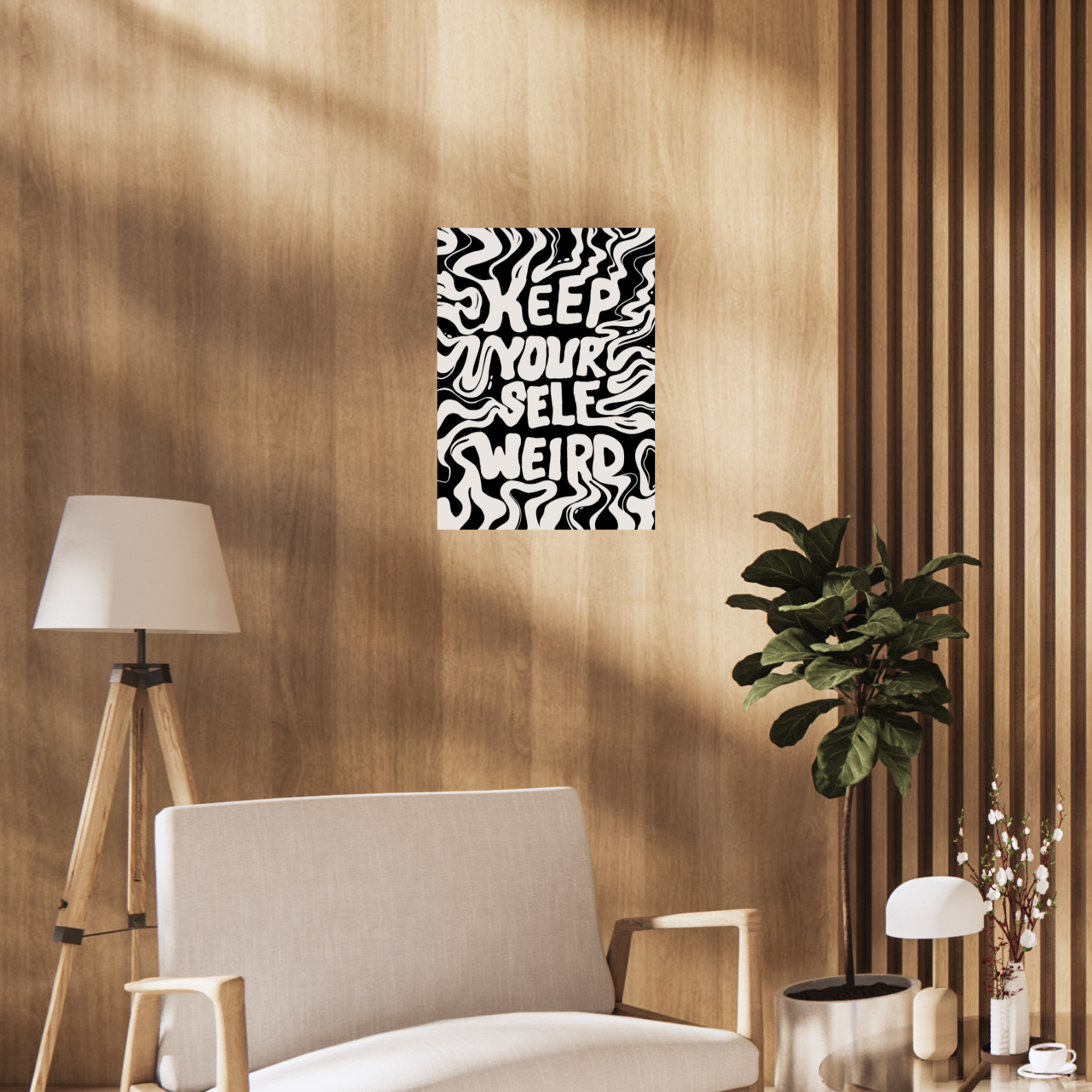 Poster with bold wavy lettering that reads “Keep Yourself Weird” in black and cream psychedelic style. aesthetic Poster, Room decor, home decor, room decor ideas, Posters, 