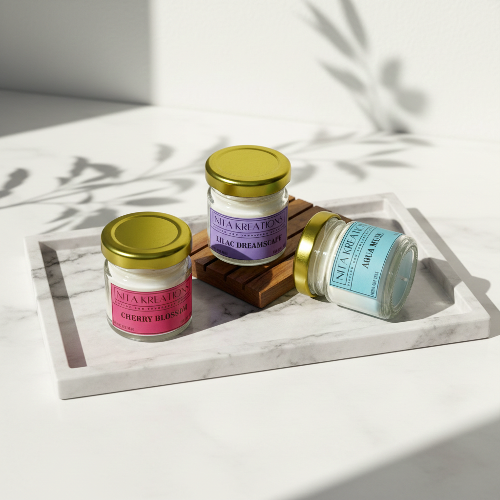 Pack of 3 mini soy wax candles in amber jars featuring Lilac Dreamscape, Aqua Muse and Cherry Blossom fragrances, named Blossoms of Seoul.