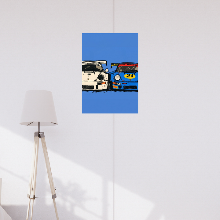 Poster artwork of two Porsche race cars side by side with a bold blue background., Porsche Poster, Minimalist Poster, retro Poster, Blue Poster