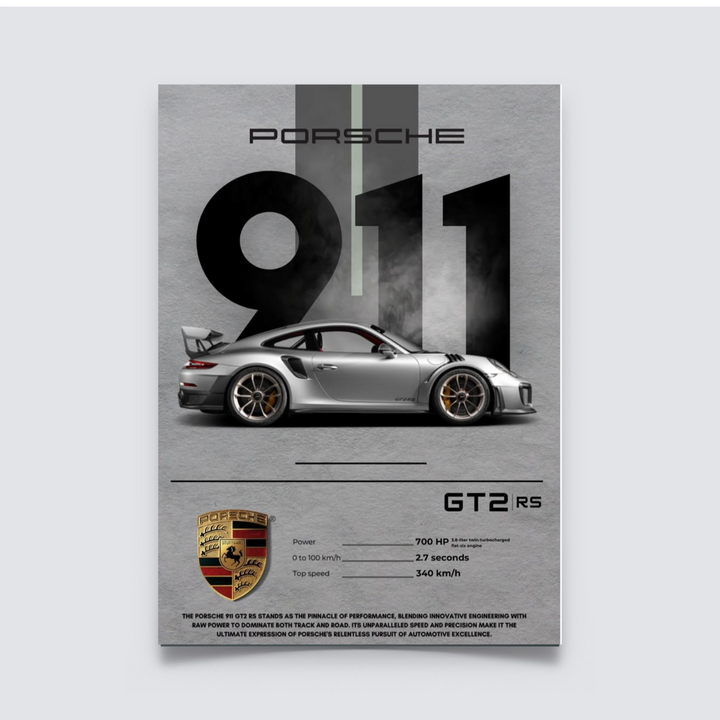A4 poster of Porsche 911 GT2 RS showcasing the supercar's side profile, performance stats, and bold typography.