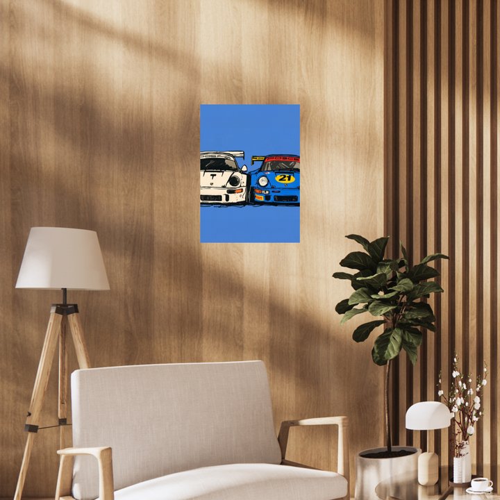 Poster artwork of two Porsche race cars side by side with a bold blue background., Porsche Poster, Minimalist Poster, retro Poster, Blue Poster