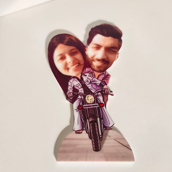 Cute caricature of a smiling couple riding a motorcycle, with their real faces on illustrated cartoon bodies wearing matching outfits, labeled “Partners Forever.” Caricature, gifting ideas, personalized gifting, custom gifts, couple gift, anniversary gift