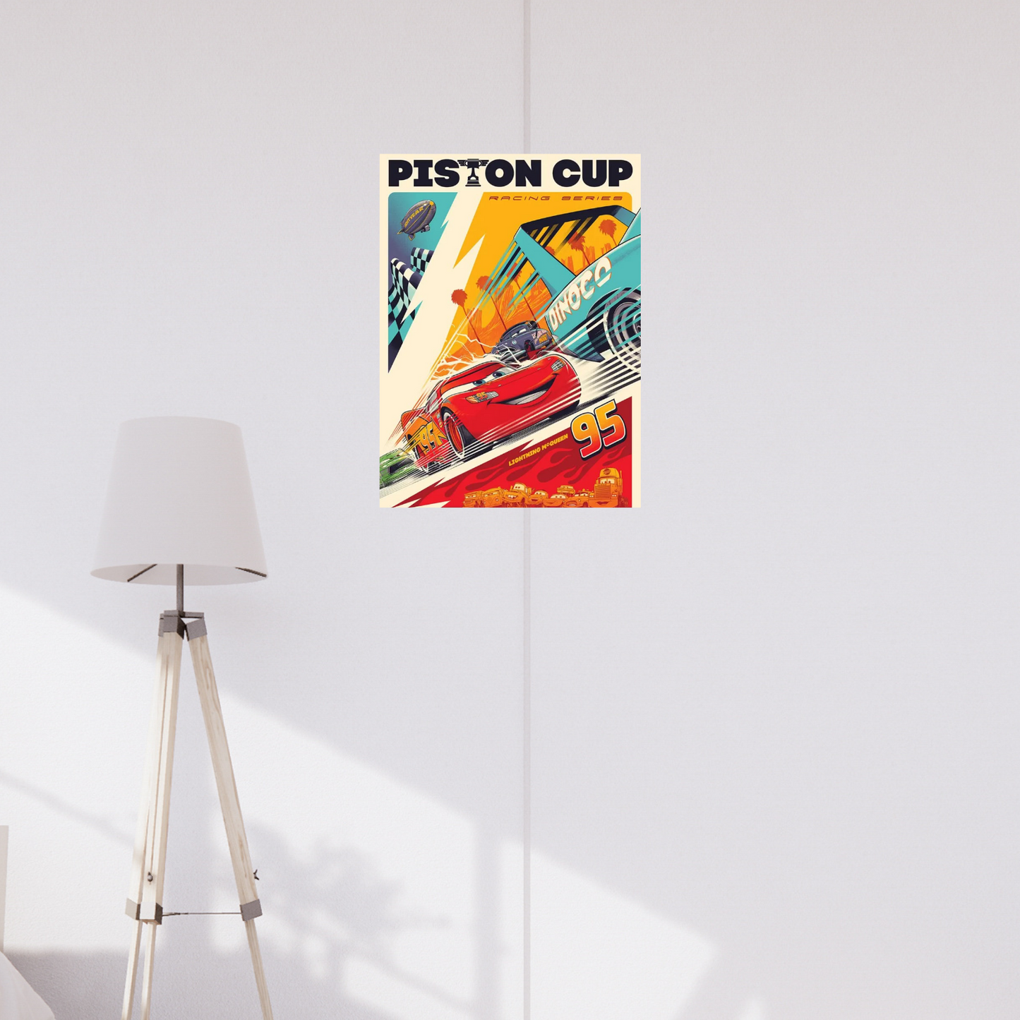 Colorful racing poster featuring Lightning McQueen and other Cars characters speeding through the Piston Cup in a retro comic book style. Piston Cup, disney poster, Lightening Cup Poster, Kid room decor, room Decor, Home decor, Aesthetic Poster, Car poster, Cars Poster