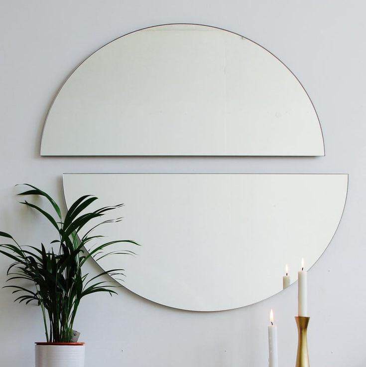 Semicircle Mirror, Minimalist Mirror, Home decor, room decor, Aesthetic home decor, minimalist home decor, Modern home decor, Mirror, Aesthetic mirror, Two semicircle wall mirrors forming a round shape, mounted above a wooden table with ceramic vases and dried plants.