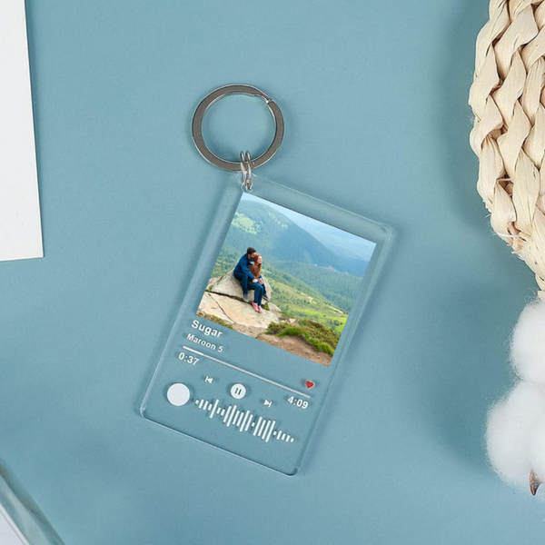 Clear acrylic keychain styled like a Spotify music player with a custom photo and song details. Custom gifting, Gifts for her, gifts for him, Spotify Keychain