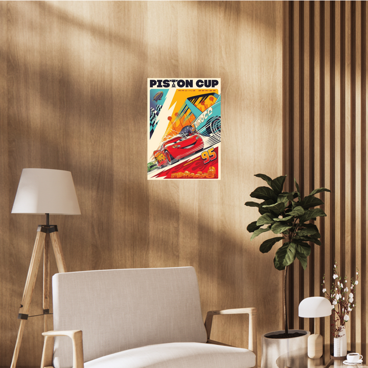 Colorful racing poster featuring Lightning McQueen and other Cars characters speeding through the Piston Cup in a retro comic book style. Piston Cup, disney poster, Lightening Cup Poster, Kid room decor, room Decor, Home decor, Aesthetic Poster, Car poster, Cars Poster