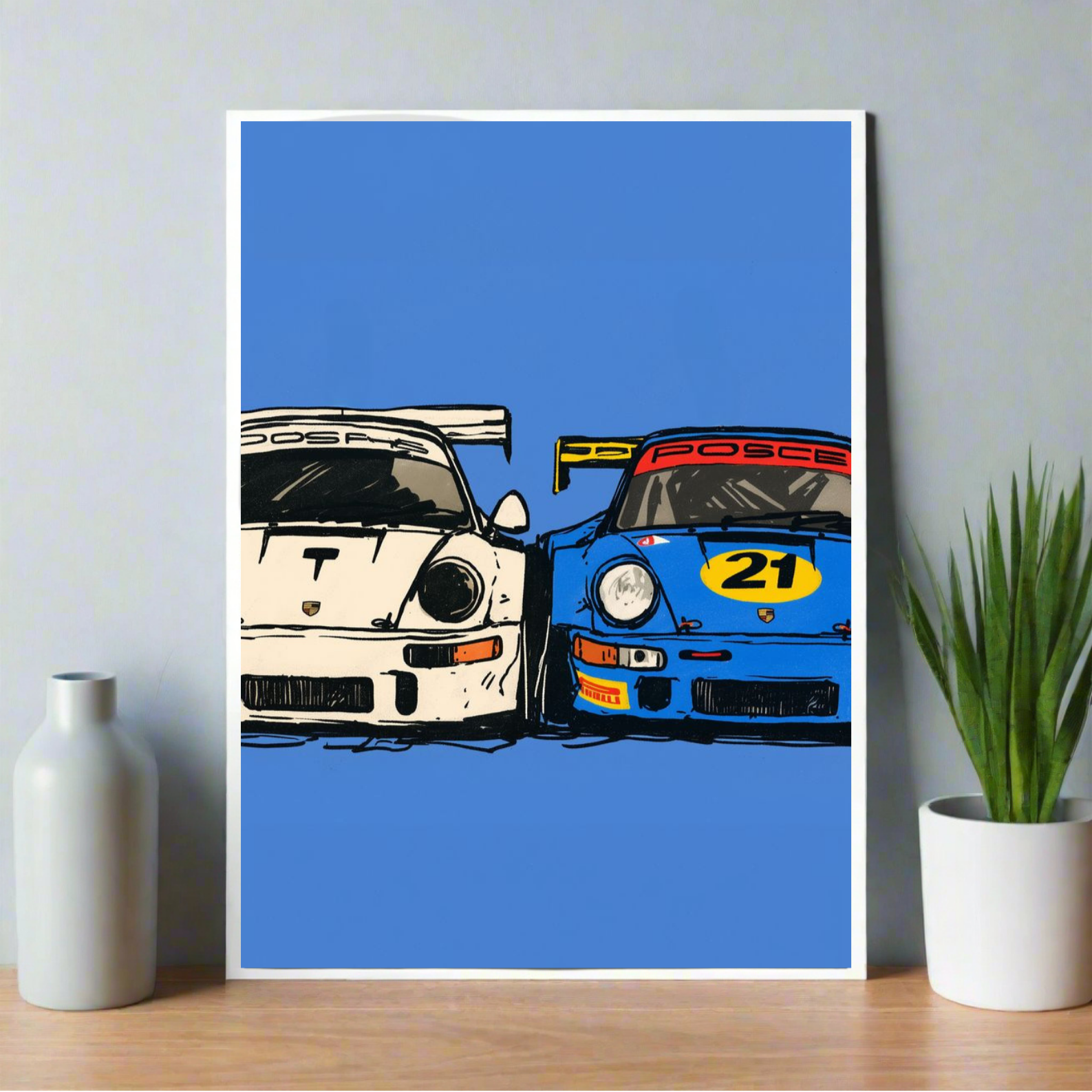 Poster artwork of two Porsche race cars side by side with a bold blue background., Porsche Poster, Minimalist Poster, retro Poster, Blue Poster