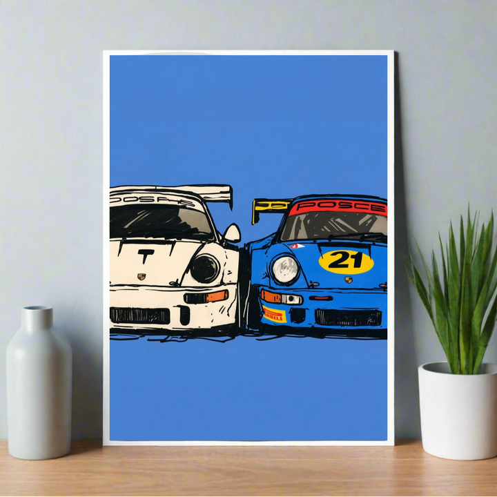 Poster artwork of two Porsche race cars side by side with a bold blue background., Porsche Poster, Minimalist Poster, retro Poster, Blue Poster