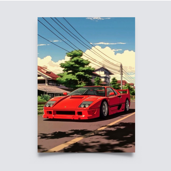 Anime-style poster of a red Ferrari driving on a quiet street in Japan under a blue sky. Ferrari Poster, car Poster, car guy Poster, Fan poster, room decor, home decor, Aesthetic Poster, Minimallist Poster, wall paper