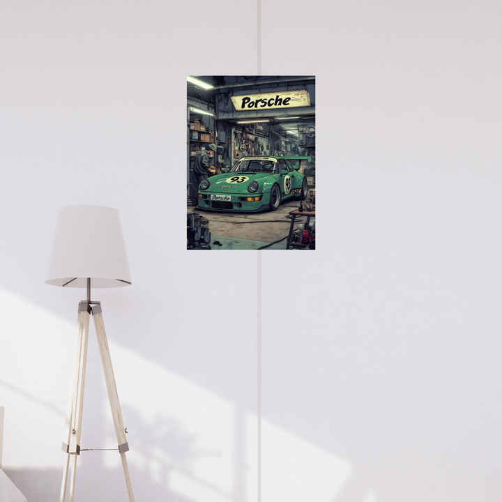 Poster of a vintage mint-green Porsche 911 race car in a garage with a retro “Porsche” sign overhead and mechanic working beside the car. Room Decor, Home Decor, Poster, Aesthetic Poster, Minimalist decor, Car Poster, Porsche 911