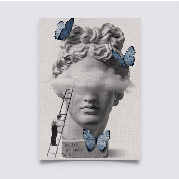 Poster showing a surreal Greek bust with clouds obscuring the eyes, blue butterflies around, and a handwritten message “You are the only you” at the base. Aesthetic Poster, Greek style poster, Hostel dorm decor ideas,Room decor, Home decor ideas, posters, Poster.