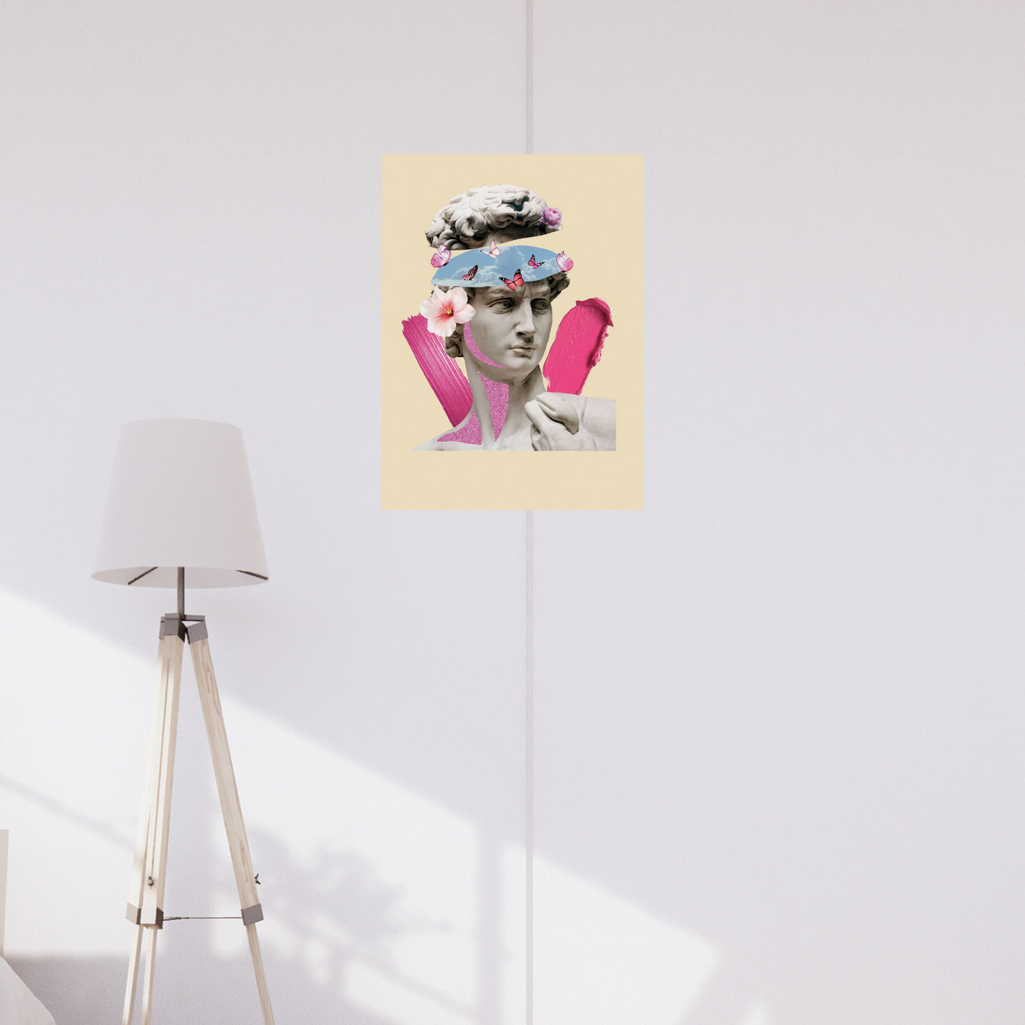 Poster featuring Michelangelo’s David with surreal blue sky eyes, butterflies, flowers, and bold pink paint accents on a beige background.Greesk poster, Aesthetic Poster, wallpaper
