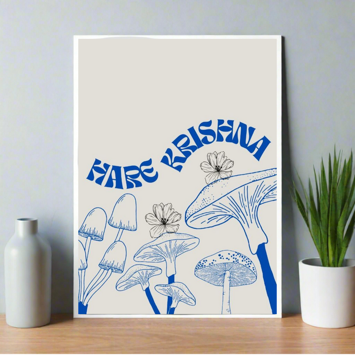 Poster featuring blue illustrated mushrooms and curved “Hare Krishna” text with flowers on a cream background. spiritual room decor, Spiritual poster, spiritual home decor, krishna poster, aesthetic poster, cream poster, cream decor, blue poster, blue home decor
