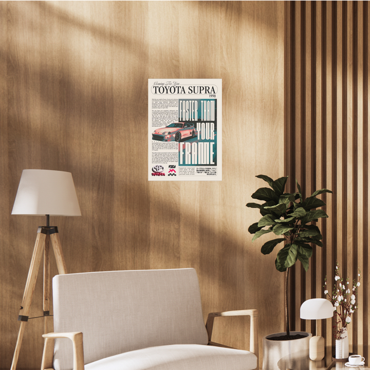 Poster styled like a vintage magazine featuring a 1998 Toyota Supra, bold headline “Faster Than Your Frame,” and performance specs. JDM Poster, Supra Poster, Room decor, Car poster, home decor, wallpaper, Aesthetic poster, 