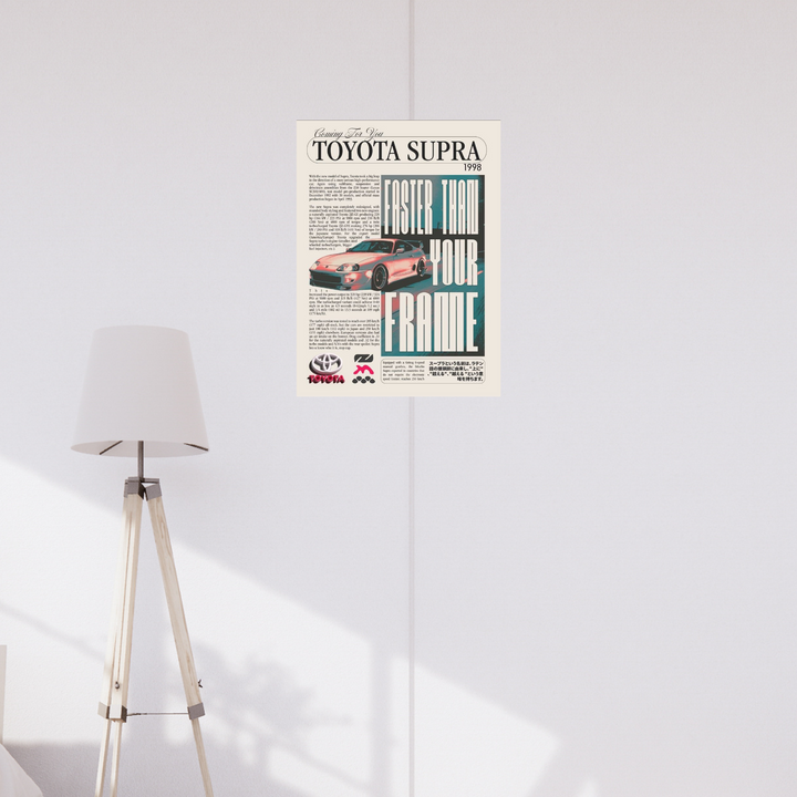 Poster styled like a vintage magazine featuring a 1998 Toyota Supra, bold headline “Faster Than Your Frame,” and performance specs. JDM Poster, Supra Poster, Room decor, Car poster, home decor, wallpaper, Aesthetic poster, 