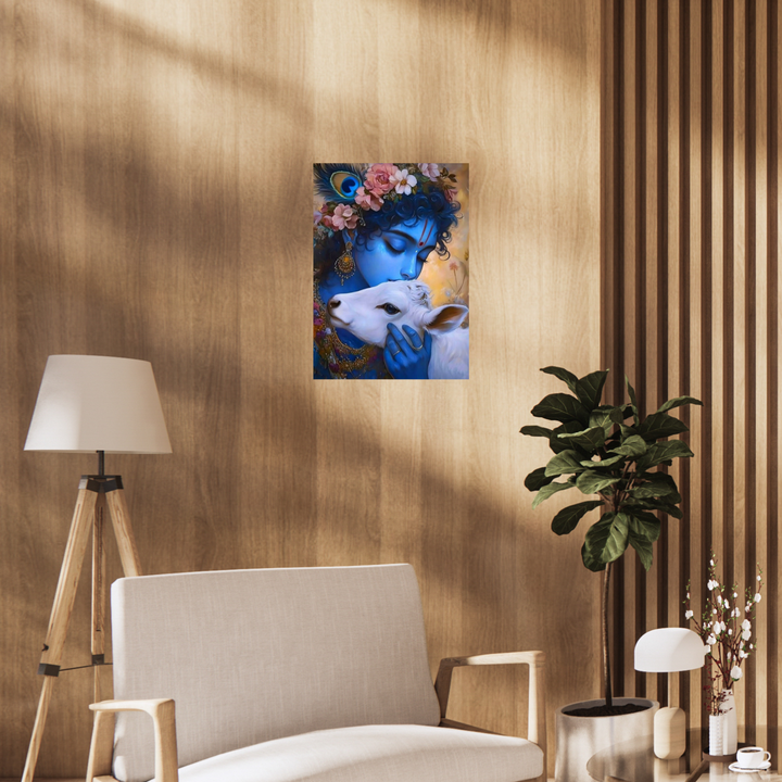 Poster of Lord Krishna lovingly holding a white calf, adorned with flowers, jewelry, and a peacock feather — capturing a moment of divine affection and serenity. spiritual room decor, Spiritual poster, spiritual home decor, krishna poster, aesthetic poster, cream poster, cream decor, blue poster, blue home decor