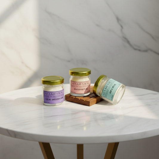 Pack of 3 mini soy wax candles in amber jars featuring Aqua Muse, Water Ritual, and Lilac Dreamscape fragrances, named Light Over Santorini.