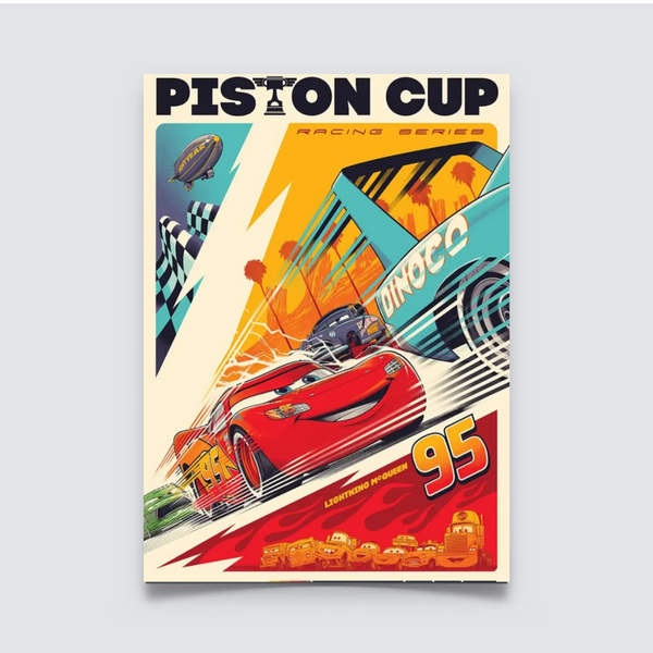 Colorful racing poster featuring Lightning McQueen and other Cars characters speeding through the Piston Cup in a retro comic book style. Piston Cup, disney poster, Lightening Cup Poster, Kid room decor, room Decor, Home decor, Aesthetic Poster, Car poster, Cars Poster