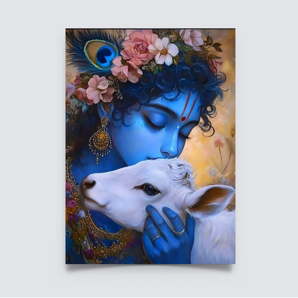 Poster of Lord Krishna lovingly holding a white calf, adorned with flowers, jewelry, and a peacock feather — capturing a moment of divine affection and serenity. spiritual room decor, Spiritual poster, spiritual home decor, krishna poster, aesthetic poster, cream poster, cream decor, blue poster, blue home decor