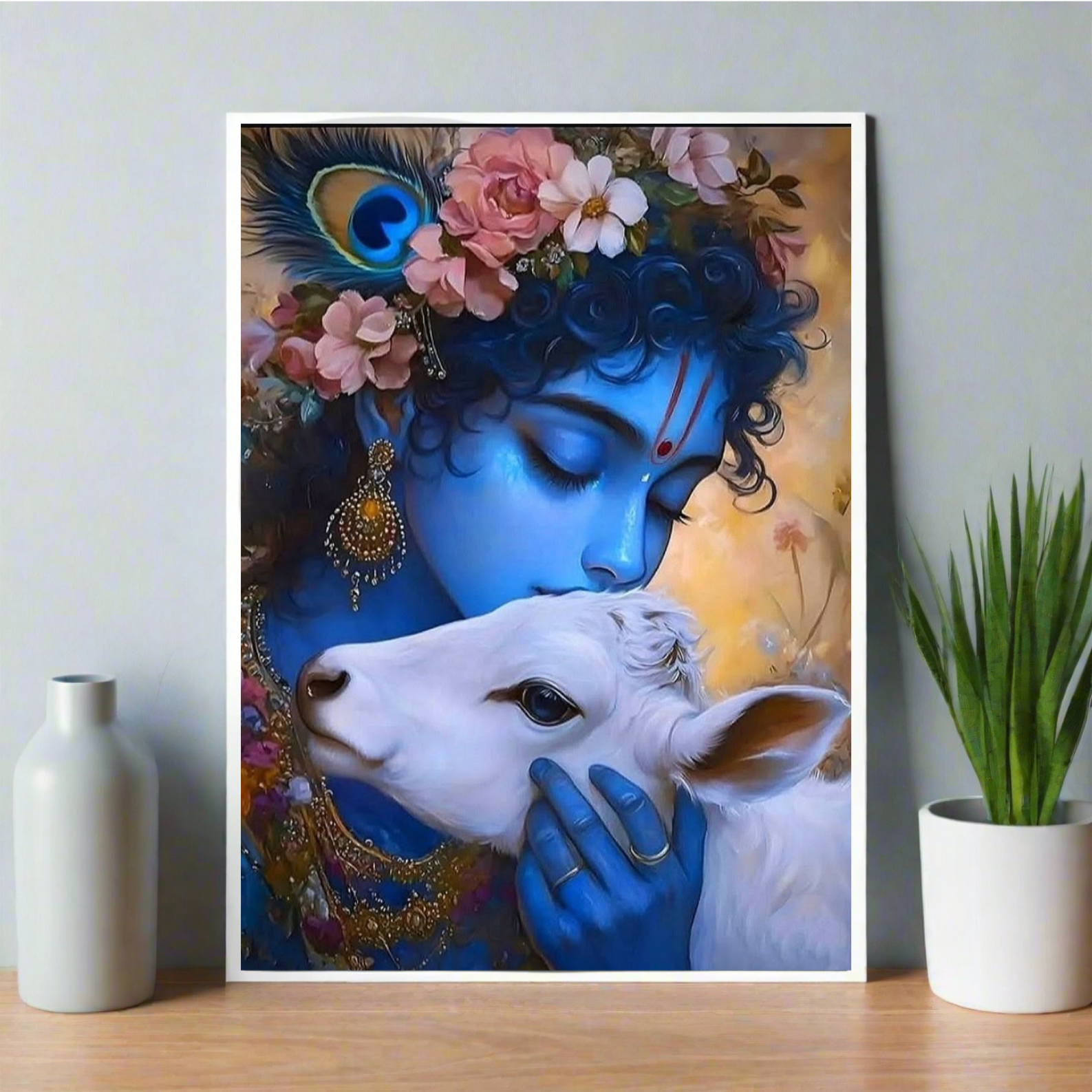 Poster of Lord Krishna lovingly holding a white calf, adorned with flowers, jewelry, and a peacock feather — capturing a moment of divine affection and serenity. spiritual room decor, Spiritual poster, spiritual home decor, krishna poster, aesthetic poster, cream poster, cream decor, blue poster, blue home decor
