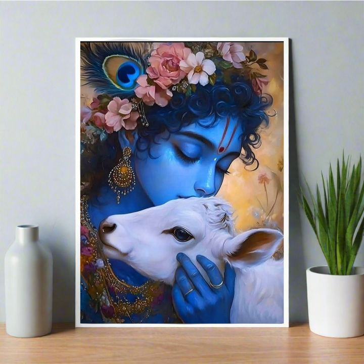 Poster of Lord Krishna lovingly holding a white calf, adorned with flowers, jewelry, and a peacock feather — capturing a moment of divine affection and serenity. spiritual room decor, Spiritual poster, spiritual home decor, krishna poster, aesthetic poster, cream poster, cream decor, blue poster, blue home decor