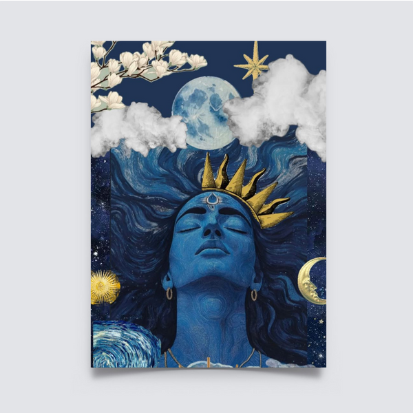 Artistic poster of Lord Shiva with closed eyes, wearing a golden crown, surrounded by celestial elements like the moon, clouds, stars, and flowers in a cosmic blue background. Aesthetic Poster, Spiritual poster, Shiva poster, Shiva, Shiva Painting