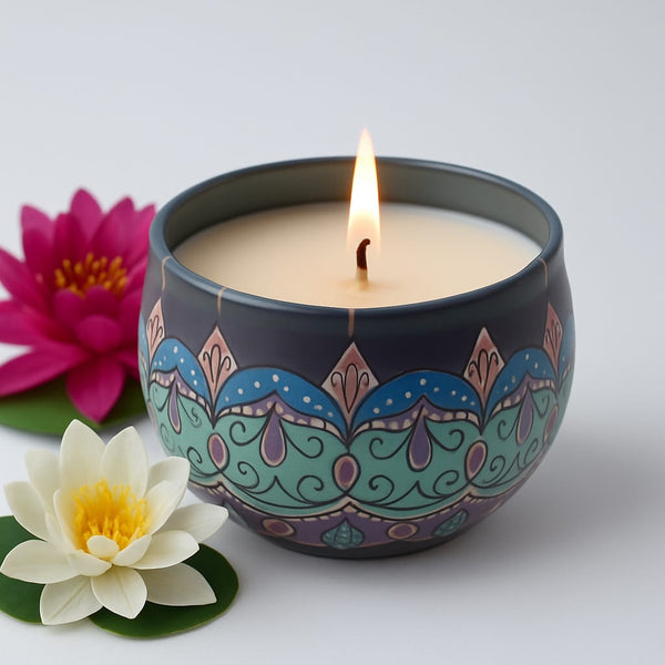 Candle in a decorative container with two water lilies on a light background, bbw candles, candles, vegan candles, decorative candles, soy-wax candles, jo malone, home decor, ganpati decoration, diwali gift, rakhi gift for sister