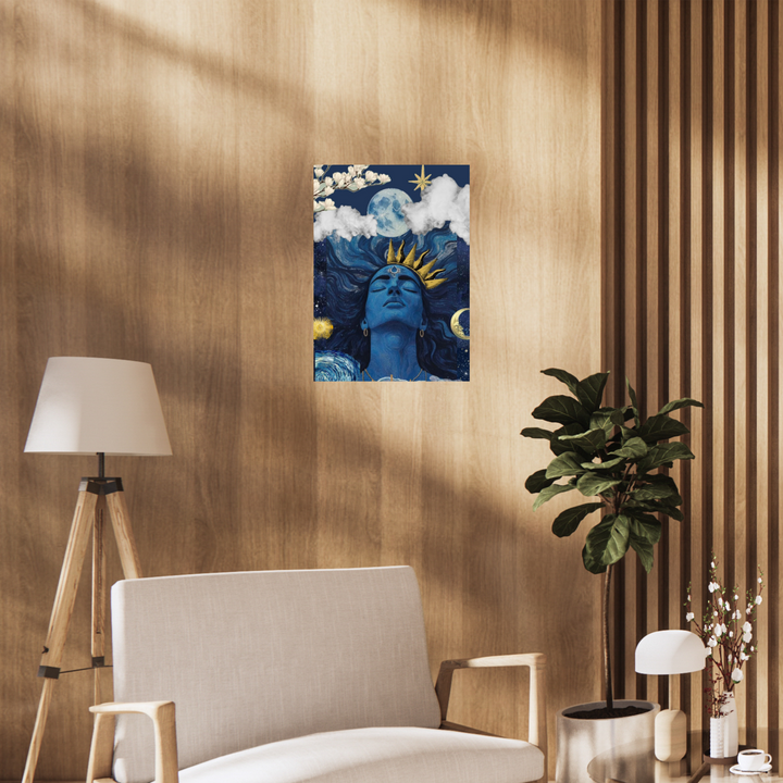 Artistic poster of Lord Shiva with closed eyes, wearing a golden crown, surrounded by celestial elements like the moon, clouds, stars, and flowers in a cosmic blue background. Aesthetic Poster, Spiritual poster, Shiva poster, Shiva, Shiva Painting