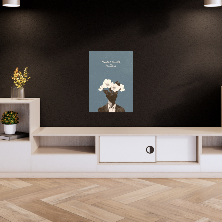 Poster with text “Mental Health Matters” above a surreal illustration of a head replaced with blooming flowers, symbolizing mental health and growth. Mental Health Poster, Mental health awareness, aesthetic poster, Awareness poster, Blue poster, room decor, home decor, 