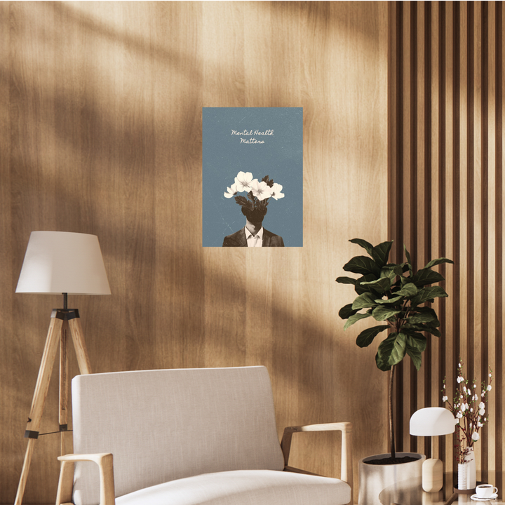 Poster with text “Mental Health Matters” above a surreal illustration of a head replaced with blooming flowers, symbolizing mental health and growth. Mental Health Poster, Mental health awareness, aesthetic poster, Awareness poster, Blue poster, room decor, home decor, 
