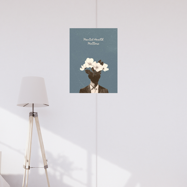 Poster with text “Mental Health Matters” above a surreal illustration of a head replaced with blooming flowers, symbolizing mental health and growth. Mental Health Poster, Mental health awareness, aesthetic poster, Awareness poster, Blue poster, room decor, home decor, 