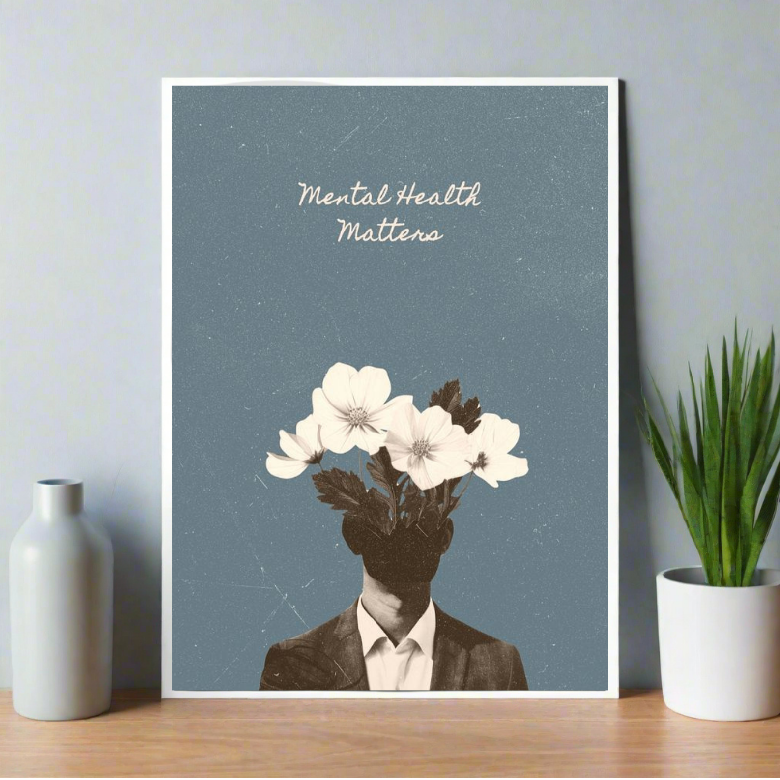 Poster with text “Mental Health Matters” above a surreal illustration of a head replaced with blooming flowers, symbolizing mental health and growth. Mental Health Poster, Mental health awareness, aesthetic poster, Awareness poster, Blue poster, room decor, home decor, 