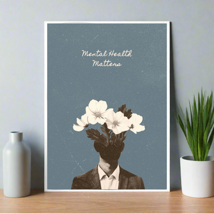 Poster with text “Mental Health Matters” above a surreal illustration of a head replaced with blooming flowers, symbolizing mental health and growth. Mental Health Poster, Mental health awareness, aesthetic poster, Awareness poster, Blue poster, room decor, home decor, 